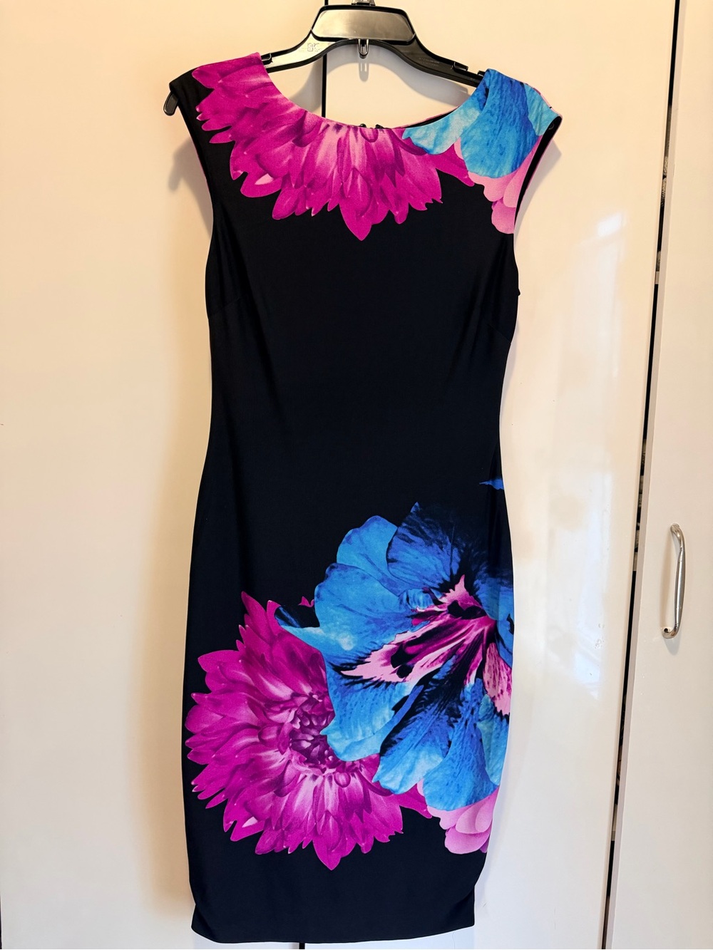 Cashe- Black Sheath Dress with Fuchsia and Blue Floral Accents
